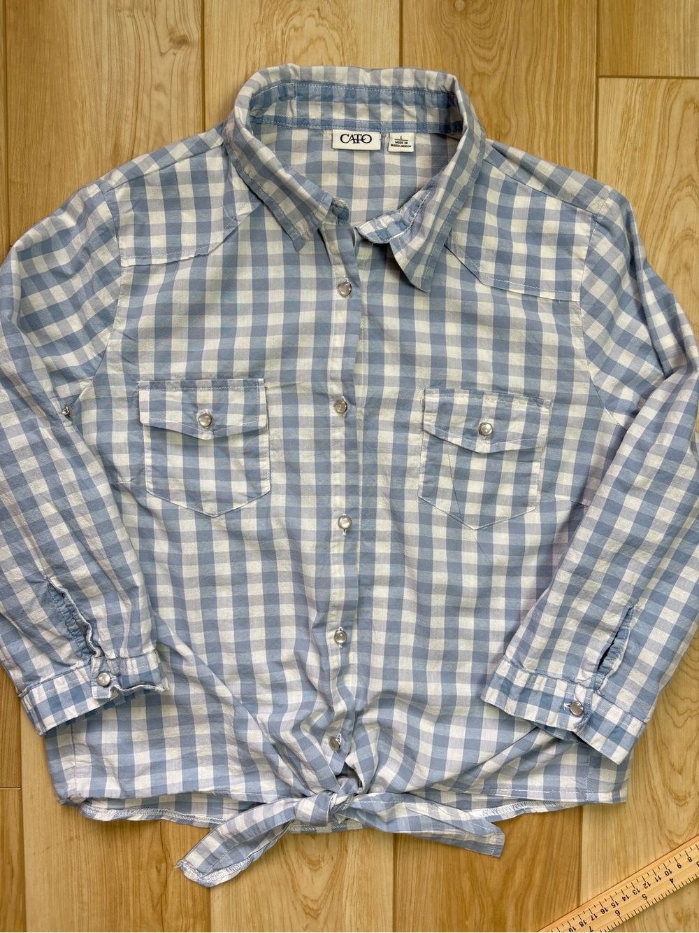 Vintage Blue and White Gingham Tie-Hem Button-Down Shirt Pearl Snaps Size L